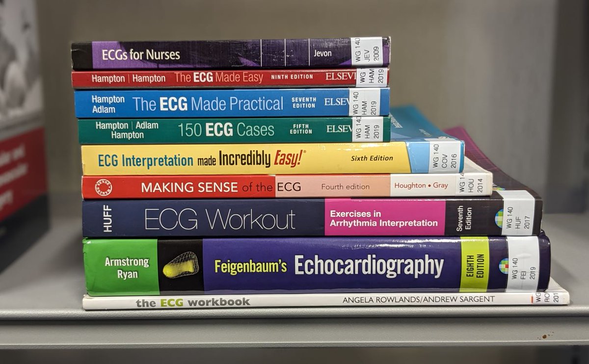 We've got a comprehensive selection of ECG books at <a href="/mftlibraries/">MFT Libraries</a> - they come in all sorts of different colours and sizes!

Available to all <a href="/MFTnhs/">MFT NHS</a> staff across our library sites at <a href="/WythenshaweHosp/">Wythenshawe Hospital</a> <a href="/MFT_MRI/">Manchester Royal Infirmary</a> <a href="/NorthMcrGH_NHS/">North Manchester General Hospital</a> <a href="/TraffordHosp/">Trafford Hospitals</a>