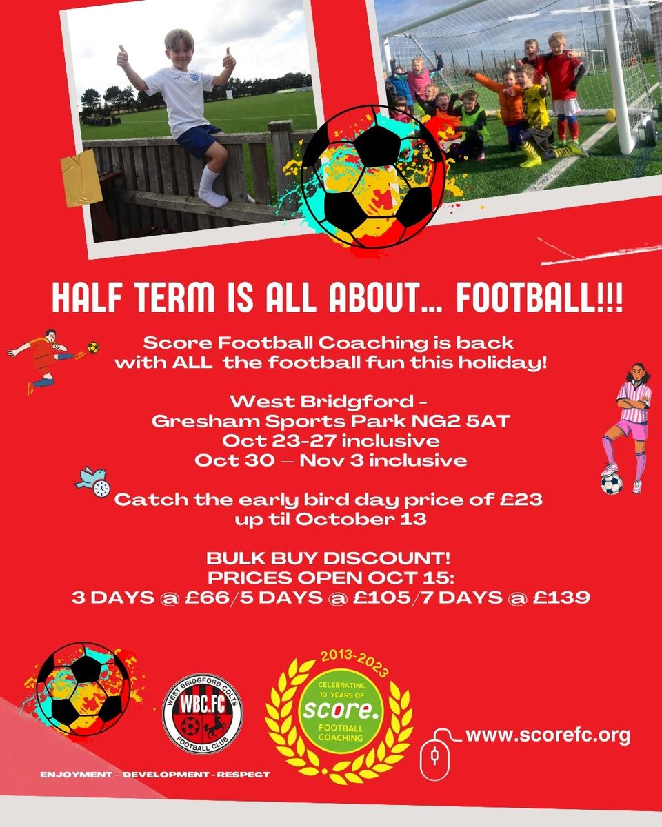 If anyone would like an extra football fix over October; our partners Score, are live with October football camp bookings.⚽️

Please follow the link below if you wish to book on.

uk.bookingbug.com/home/41231-Sco…