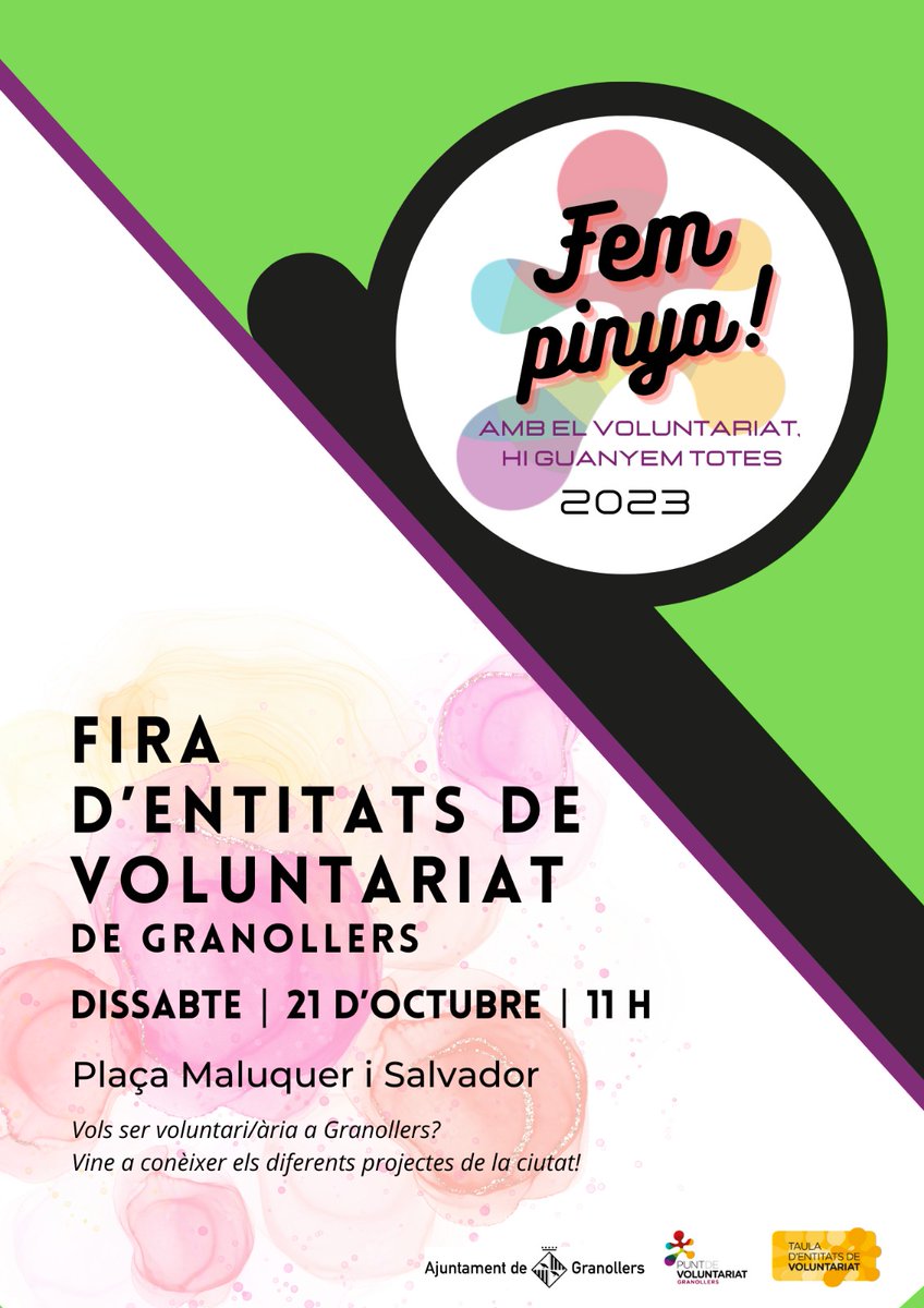 Vols fer de voluntari/aria? Vols conèixer els projectes de voluntariat a Granollers?

Vine a conèixer les diferents entitats i projectes de la ciutat aquest dissabte a la Plaça Maluquer!

Fem pinya! Amb el voluntariat, hi guanyem totes 🫱🏾‍🫲🏿💡