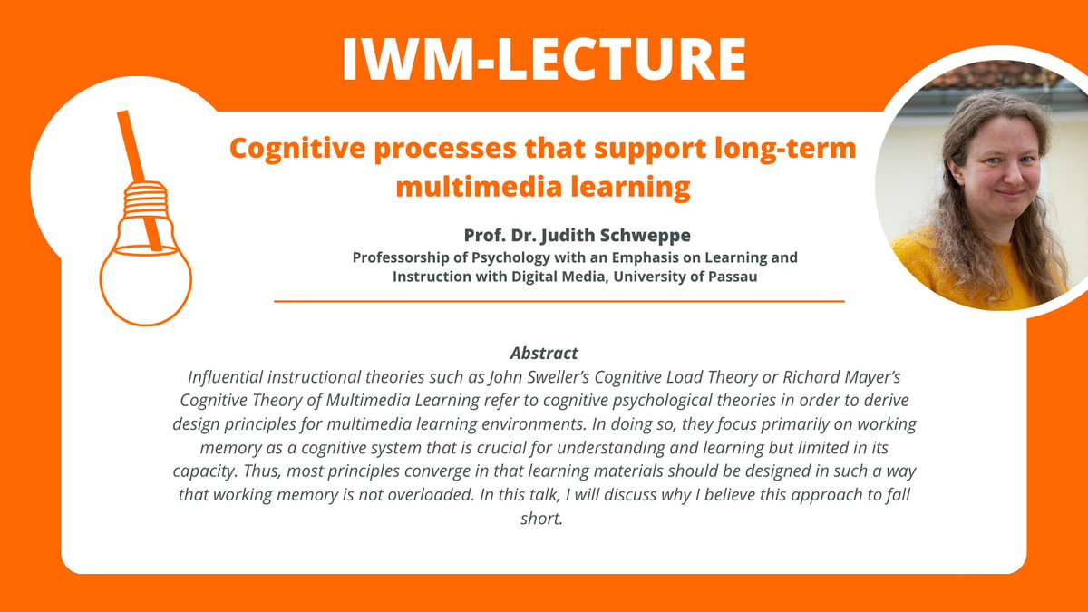 IWMtue's tweet photo. 📢FREE LECTURE: As part of our #IWMLectures series Prof. Judith Schweppe (@UniPassau) will give a talk on cognitive processes that support long-term multimedia #learning on 17 Oct from 1pm – 3pm. The lecture will be streamed via Microsoft Teams - join us! https://t.co/RTdAuPNAGu https://t.co/OoPy2iOzzJ
