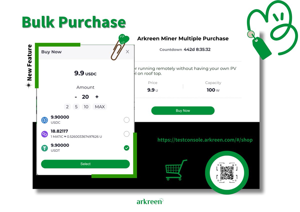 arkreen_network's tweet image. 🚀  New Feature from Arkreen! 🌟
 🔗 Introducing the Bulk Purchase feature, now you can acquire multiple units in one transaction effortlessly. 🏘💪
Join us today and experience the efficiency! 
🛍🛒✨testconsole.arkreen.com/#/shop
#ArkreenRemoteMiner #VersionUpgrade #BulkPurchase