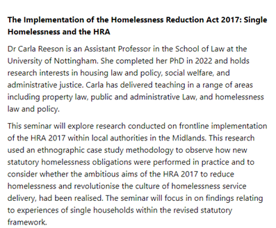 I-SPHERE @ HWU (@isphere_hwu) on Twitter photo 📢📢The I-SPHERE seminar series is back!
Join us online 24 Oct @ 11am to hear <a href="/CarlaReeson/">Carla Reeson</a>
from <a href="/UoN_Law/">Nottingham Law</a> present on the impact of the Homelessness Reduction Act.
Sign up here📝 i-sphere.site.hw.ac.uk/seminars/
More info below 👇 📢📢The I-SPHERE seminar series is back!
Join us online 24 Oct @ 11am to hear <a href="/CarlaReeson/">Carla Reeson</a>
from <a href="/UoN_Law/">Nottingham Law</a> present on the impact of the Homelessness Reduction Act.
Sign up here📝 i-sphere.site.hw.ac.uk/seminars/
More info below 👇