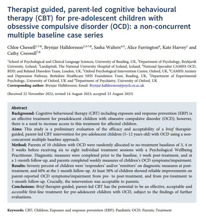 BCP New Paper: Therapist guided, parent-led cognitive behavioural therapy (CBT) for pre-adolescent children with obsessive compulsive disorder (OCD): a non-concurrent multiple baseline case series 

Full free text buff.ly/46Lp0kZ 

@babcp #CBT #CBTworks
