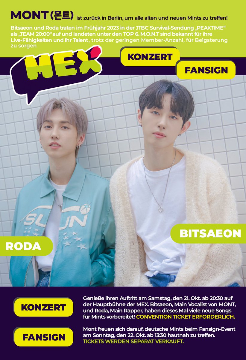 🇩🇪MONT 빛새온 로다 독일 MEX-BERLIN 출연 Location : Messegelände Berlin Concert (Main Stage) 10.21 20:30 CEST Fansign (Großer Stern 1) 10.22 13:30 CEST #RODA #BITSAEON #MONT @MEXBERLIN Convention Tickets: mex-berlin.de Fansign Info: mex-berlin.de/de_DE/mont-inf…