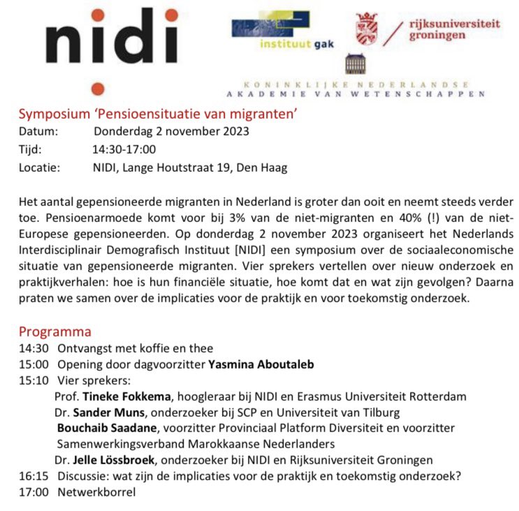 Op 2 november organiseert het NIDI een symposium over de pensioensituatie van migranten. Vier sprekers vertellen over nieuw onderzoek en de praktijk. Daarna wordt gezamenlijk gepraat over de implicaties voor de praktijk. Interesse? Zie: forms.gle/uV9BLVmdLhVSEZ…