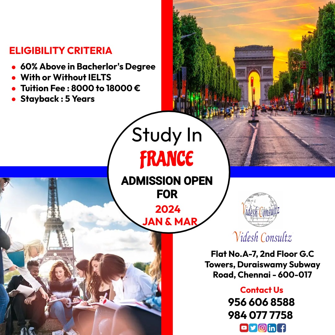 France, a beacon of academic excellence and cultural richness, invites you to embrace higher education. Admissions are now open for the January and March 2024 intakes.  Connect with us (VideshConsultz) today. ☎️ Contact Us: 95660 68588 / 98407 77758