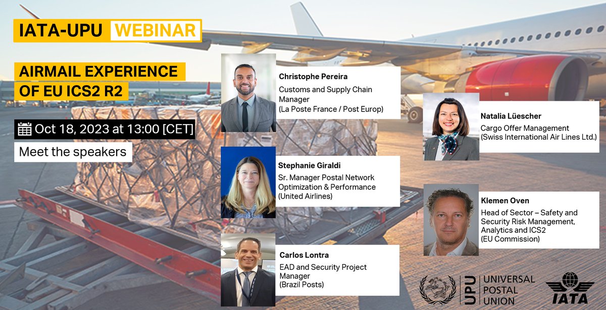 UPU_UN's tweet image. 📢This Wednesday: 5th @IATA-UPU webinar will explore the main challenges &amp;amp; expectations related to compliance with EU #ICS2 R2

Tune in to hear first-hand from @EU_Commission @GroupeLaPoste @PostEurop @correiosBR @FlySWISS @united👇

📆18 Oct, 13h CEST
🌐bit.ly/465oVrQ