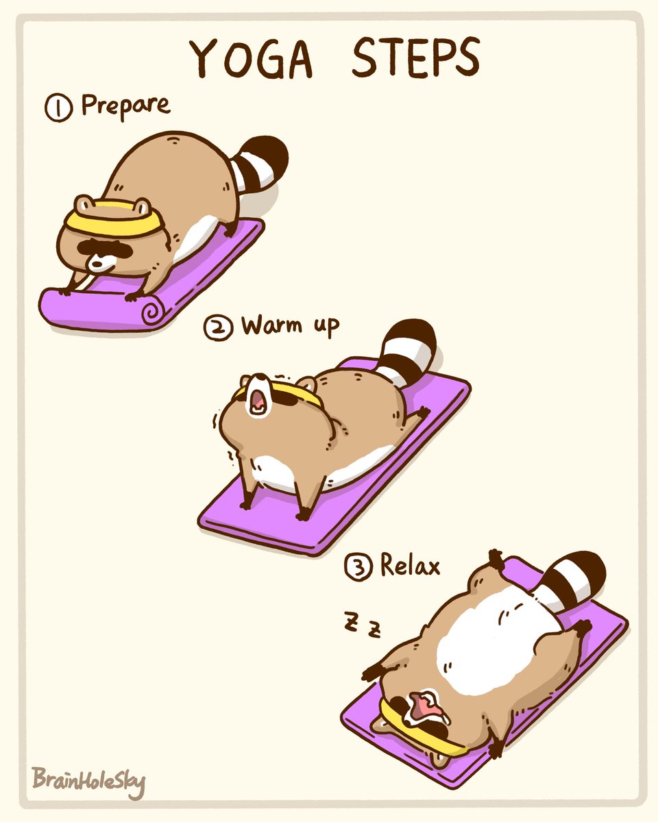 《YOGA!》

怪這世間誘惑太多，稍不留意，能穿的褲子又變少了，趕緊把瑜珈墊攤開來壓壓驚。

#yoga #lifestyle #raccoon #happy #healthy