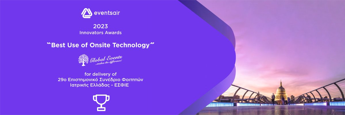 🌐 Thrilled to share we have clinched the "Best Use of Onsite Technology" award at Innovators Awards during AirTime 2023 by <a href="/_EventsAIR/">EventsAir</a> 
🏆 Our 29ο ΕΣΦΙΕ event demonstrated innovation, inclusivity, and operational efficiency.  🚀 #InnovatorsAwards #GlobalEvents #EventTech #events