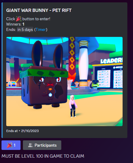sammi_plays's tweet photo. 🎁GIVEAWAY🎁
GIANT WAR BUNNY GIVEAWAY ON OUR DISCORD 
MUST BE LEVEL 100 IN GAME TO ENTER #Petrift @RiftStudioRBLX @DoughnutLordLup 
Discord - https://t.co/BnNfIt2qoI https://t.co/OCJZNm4Sp3