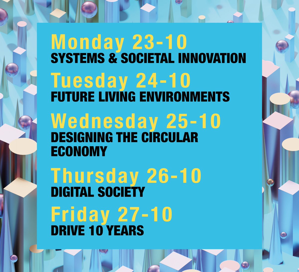 CLICKNL (@click_nl) on Twitter photo 1 week to go: <a href="/drive_festival/">DRIVE Festival</a> tijdens <a href="/dutchdesignweek/">Dutch Design Week</a> ๐. Met iedere dag van 10.30 tot 11.30 uur vier #design pioniers op het (virtuele) podium.
โ Meld je aan en ontvang de linkjes naar de livestreams deze week in je mailbox: bit.ly/drive-2023-livโฆ
#creatieveindustrie 1 week to go: <a href="/drive_festival/">DRIVE Festival</a> tijdens <a href="/dutchdesignweek/">Dutch Design Week</a> ๐. Met iedere dag van 10.30 tot 11.30 uur vier #design pioniers op het (virtuele) podium.
โ Meld je aan en ontvang de linkjes naar de livestreams deze week in je mailbox: bit.ly/drive-2023-livโฆ
#creatieveindustrie