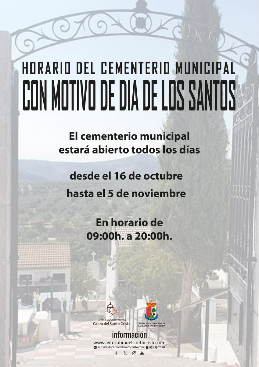 📷 HORARIO DEL CEMENTERIO MUNICIPAL CON MOTIVO DEL DIA DE LOS SANTOS
📷 El cementerio municipal estará abierto todos los días hasta el 5 de noviembre.
📷 En horario de  9:00h a 20:00h
#AyuntamientodeCabradelSantoCristo #cementeriomunicipal #horario #DiaDeTodosLosSantos