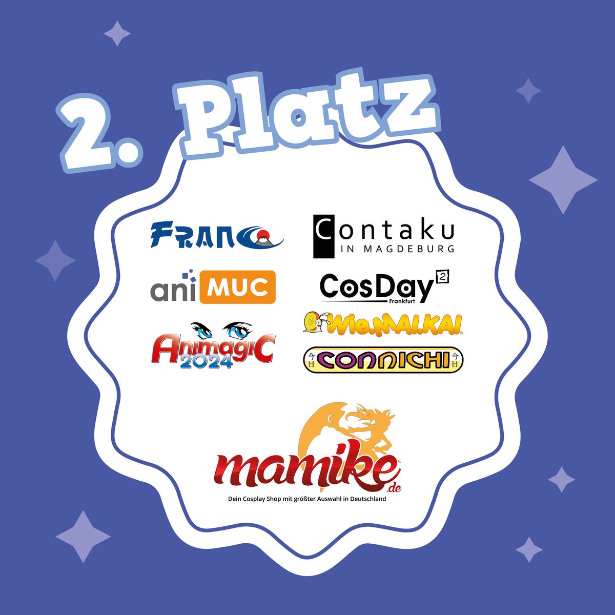 🎊Preisvorstellung🎊 Unser zweitplatziertes Team gewinnt einen 300 € Gutschein von mamike.de als auch Eintrittsticket zu unseren Partnerconventions animuc Connichi Franco Bamberg CosDay Wie.MAI.KAI Contaku AnimagiC 💕 Vielen Dank an unsere Sponsoren!