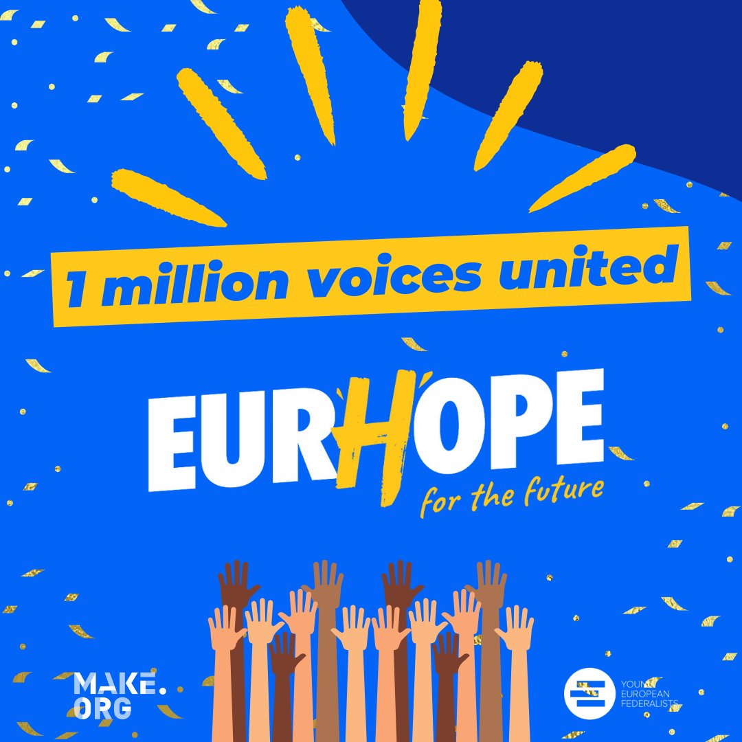 Make.org Global 🌎 (@make_org_global) on Twitter photo With #EurHope, <a href="/Make_org/">Make.org</a>, <a href="/JEF_Europe/">Young European Federalists</a> and their partners enabled young citizens 🇪🇺 from the 27 EU countries to make their voices heard. 📢💬
A massive participation that unites over 1 million voices and 5,000 proposals! 🙋♀️🙋♂️
🗓 The results will be revealed on 10 November. With #EurHope, <a href="/Make_org/">Make.org</a>, <a href="/JEF_Europe/">Young European Federalists</a> and their partners enabled young citizens 🇪🇺 from the 27 EU countries to make their voices heard. 📢💬
A massive participation that unites over 1 million voices and 5,000 proposals! 🙋♀️🙋♂️
🗓 The results will be revealed on 10 November.