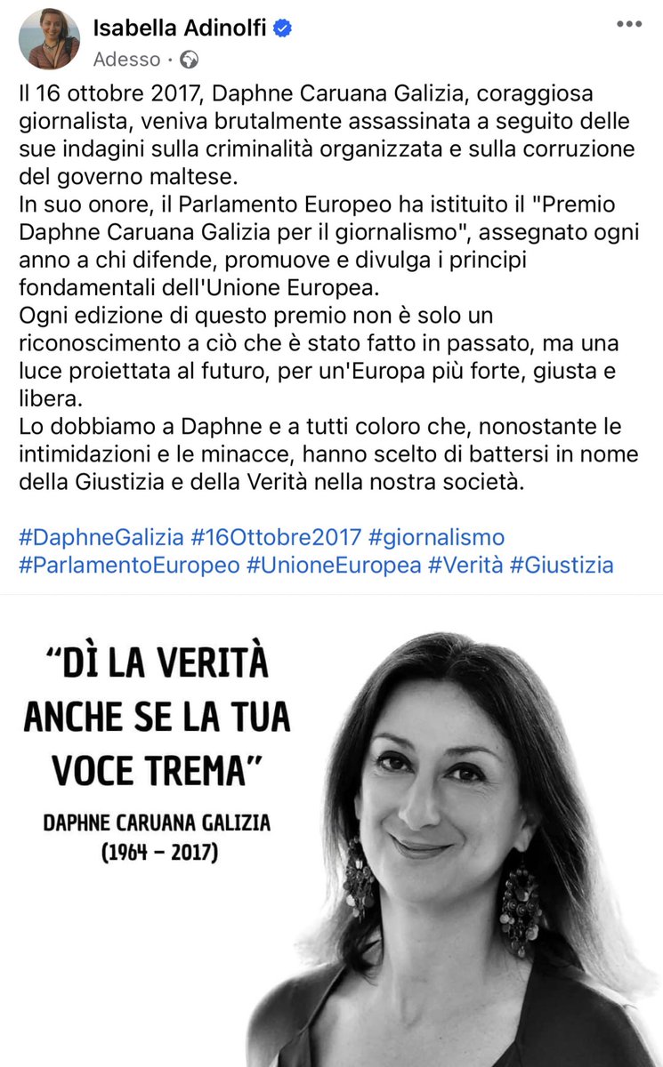 Il 16 ottobre 2017, Daphne Caruana Galizia, coraggiosa giornalista, veniva brutalmente assassinata a seguito delle sue indagini sulla criminalità organizzata e sulla corruzione del governo maltese.

#DaphneGalizia #16Ottobre2017 #giornalismo #ParlamentoEuropeo #UnioneEuropea