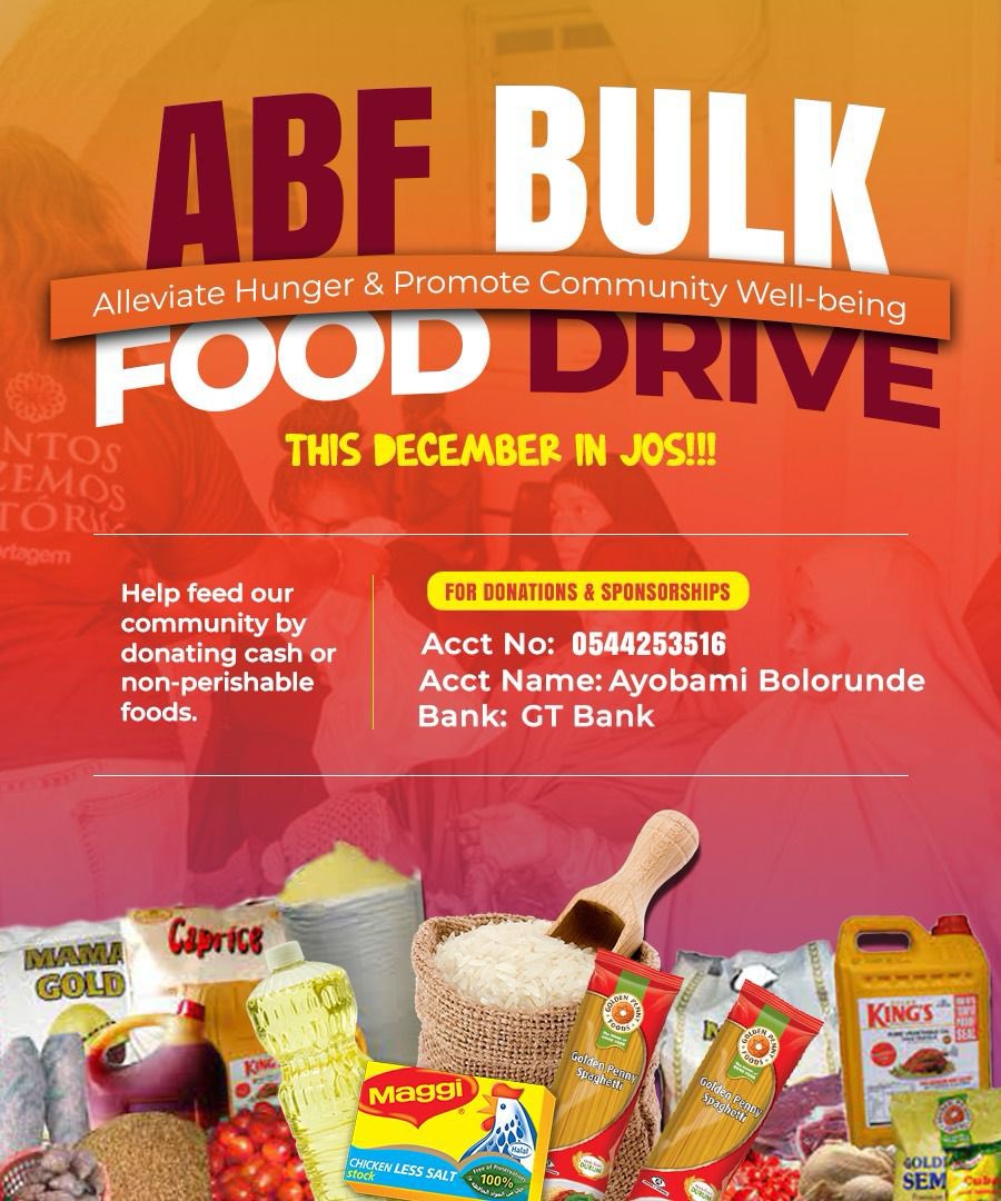 ABFNG_'s tweet photo. Spread the joy this December in Jos! We’re thrilled to announce the upcoming Advanced Bulk Food Drive. Let’s come together and make a meaningful impact on a community. Stay tuned for ways to get involved and be part of something incredible. #ABFFoodDrive #ABFbyABF https://t.co/JsJMKLYvks