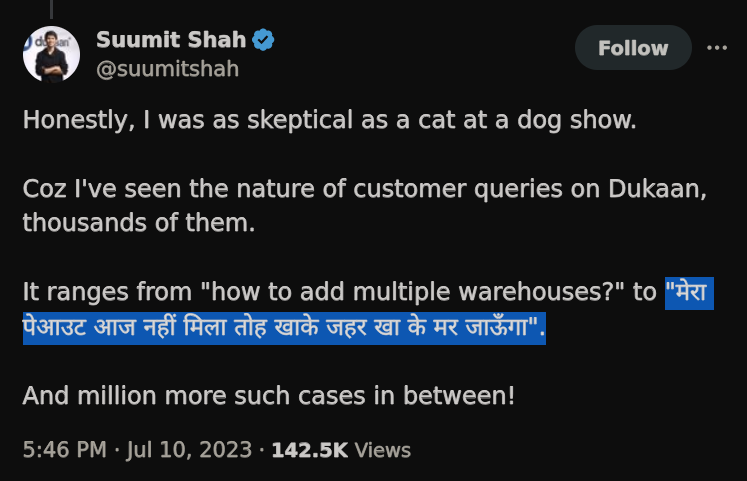 kingslyj's tweet photo. TIL boasting about laying off 90% of their support team wasn't even close to the worst part of that Dukaan thread.

He shared a screenshot of customer comms to mock their desperation after delayed payouts from his company. https://t.co/QyEsNqFVY2