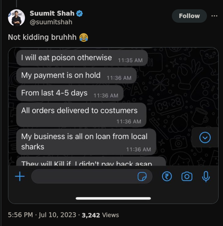 kingslyj's tweet photo. TIL boasting about laying off 90% of their support team wasn't even close to the worst part of that Dukaan thread.

He shared a screenshot of customer comms to mock their desperation after delayed payouts from his company. https://t.co/QyEsNqFVY2