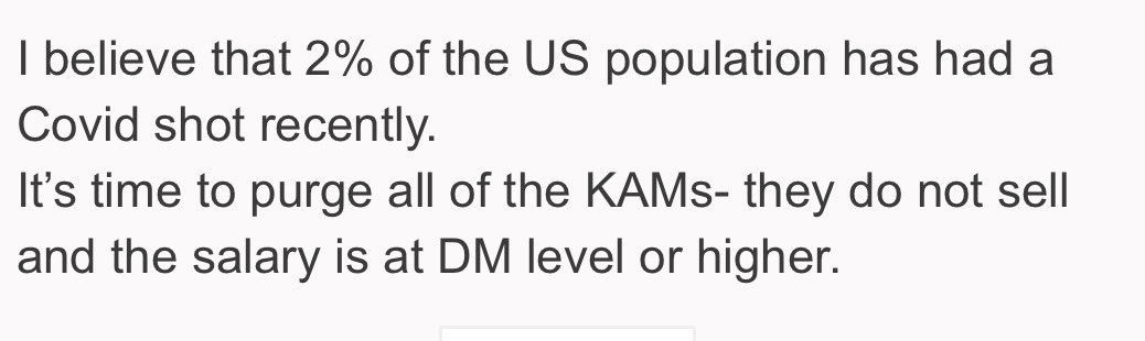 lolll!!

Pfizer employee calls to fire all KAMs (Key Account Managers) because they ain’t selling the vaccine 

“only 2% had the shot recently” 😂

KAM = Key Account Managers
DM = District Managers