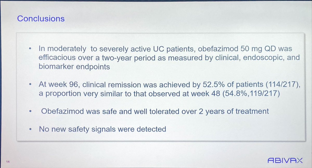 🚨 #UEGWeek New MoA alert❗️

💎 Obefazimod in pts with #UC: 96wk OL maintenance 2B @SeverineVermei1 

🧬 MoA: miR-124 upregulation (originally developed for HIV)
📌 50mg oral once-daily 
📌 Clinical remission maintained up to 2 years (52.5%)
📌 Safe with good tolerability