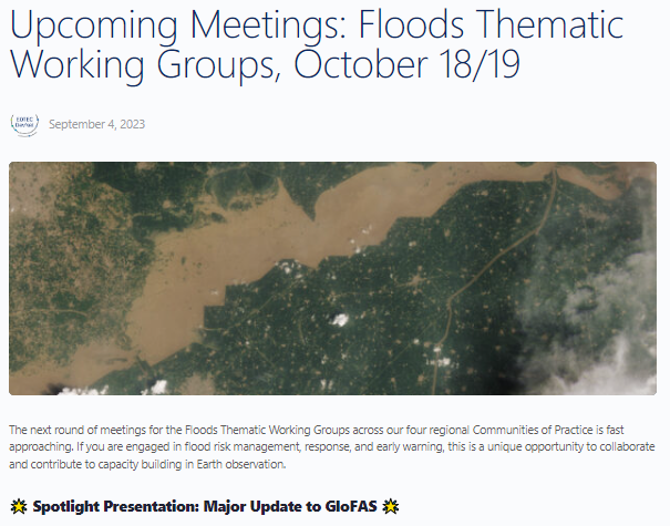 EOTECDevNet's tweet photo. 📣 Happening this week! Join the #EOTECDevNet Floods Thematic Working Groups on Oct 18 &amp; 19. Don't miss the latest updates on GloFAS 4.0! 
🗓️ Africa &amp; Americas - Oct 18 
🗓️ Asia-Oceania &amp; Europe - Oct 19
👉https://t.co/s6DyB33t97
See you there! 
#FloodManagement #EarthObservation https://t.co/nbYT4YOSE1