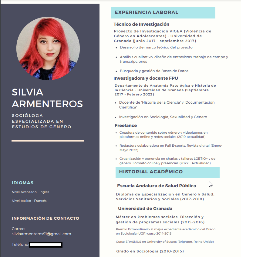 Estoy buscando trabajo y agradecería mil que me apoyarais difundiendo con un RT.

Principalmente en el ámbito de sociología/género/ proyectos sociales, pero me adapto también a cosas relacionadas con creación de contenido, e-sports y demás.

Resido en Granada 🙂