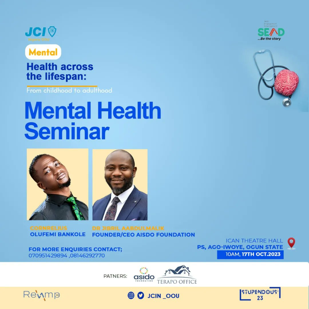 terapooffice's tweet photo. JUNIOR CHAMBER INTERNATIONAL NIGERIA, OLABISI ONABANJO UNIVERSITY.
Presents~
MENTAL HEALTH SEMINAR!
Your Mental Health is as important as your Physical Health!
Tuesday,16th October, 2023.
ICAN HALL, Olabisi Onabanjo University Main campus.

#JCINigeria 
#terapooffice
#JCINOOU https://t.co/z7e4yKOpaf