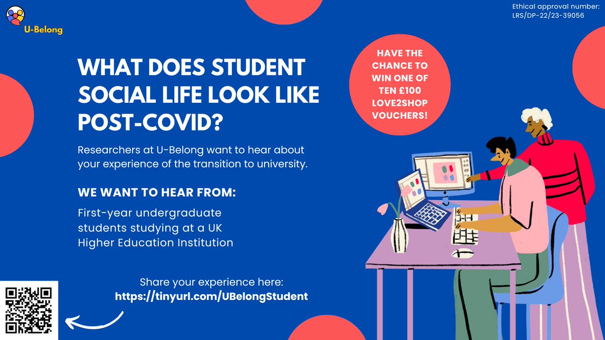 📢 Calling all first-year undergraduate students! 📢

<a href="/UBelongproject/">U-Belong</a> want to hear about your experience of student social life post-COVID.
Add your voice and you can have the chance to win one of ten £100 Love2Shop vouchers! 🛒
Share your experience here: tinyurl.com/UBelongStudent