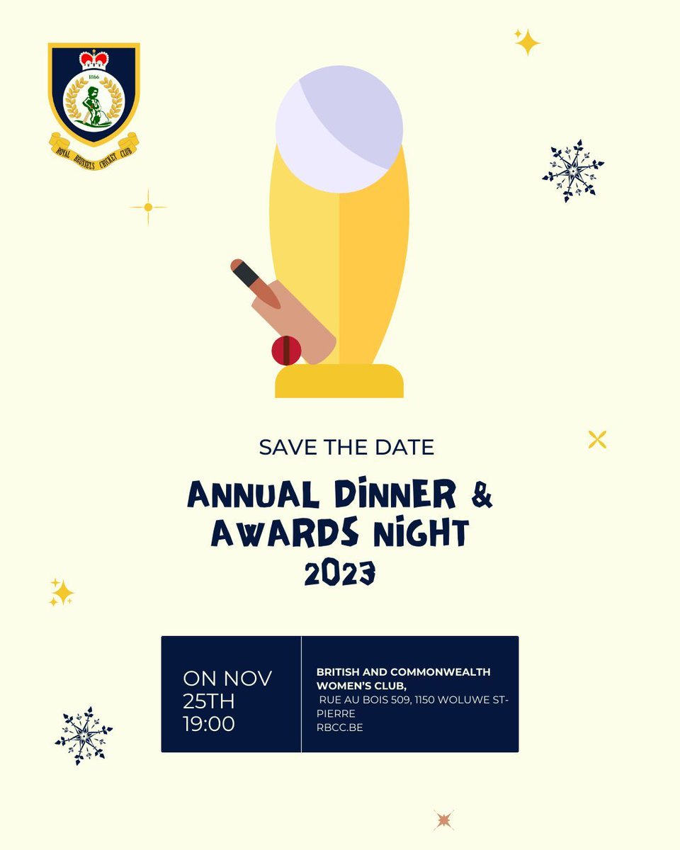 Join us at the Royal Brussels Cricket Club for our annual dinner and awards night on Nov 25th! Let's celebrate the amazing season of 2023 together. #RoyalBrusselsCricketClub #AwardsNight
