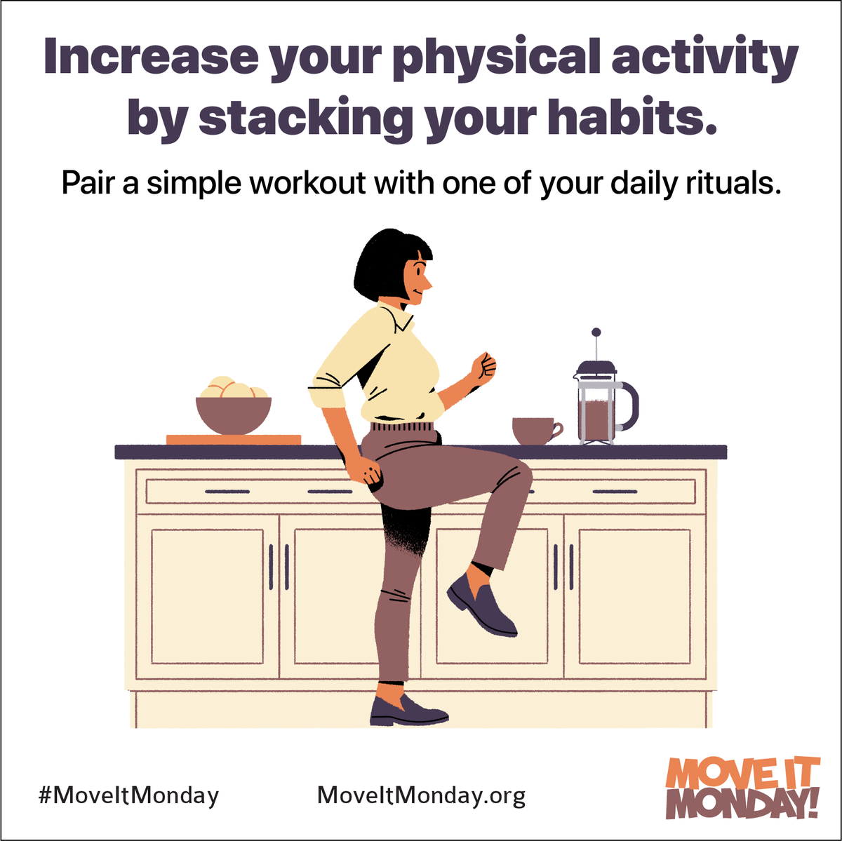 Habit stacking is one simple way to fit more fitness into your #MoveItMonday! Try our ideas for working a little workout into your pre-work routine or comment with your own habit-stacking hacks. ow.ly/3CjG50PE4pC