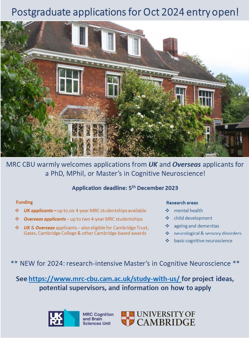 MRC Cognition and Brain Sciences Unit (@mrccbu) on Twitter photo Applications open!
<a href="/mrccbu/">MRC Cognition and Brain Sciences Unit</a> warmly welcome PhD, MPhil & MSc applications from UK and Overseas individuals interested in mental health, child development, ageing, dementias, neurological & sensory disorders or basic cognitive neuroscience.
mrc-cbu.cam.ac.uk/study-with-us/ Applications open!
<a href="/mrccbu/">MRC Cognition and Brain Sciences Unit</a> warmly welcome PhD, MPhil & MSc applications from UK and Overseas individuals interested in mental health, child development, ageing, dementias, neurological & sensory disorders or basic cognitive neuroscience.
mrc-cbu.cam.ac.uk/study-with-us/