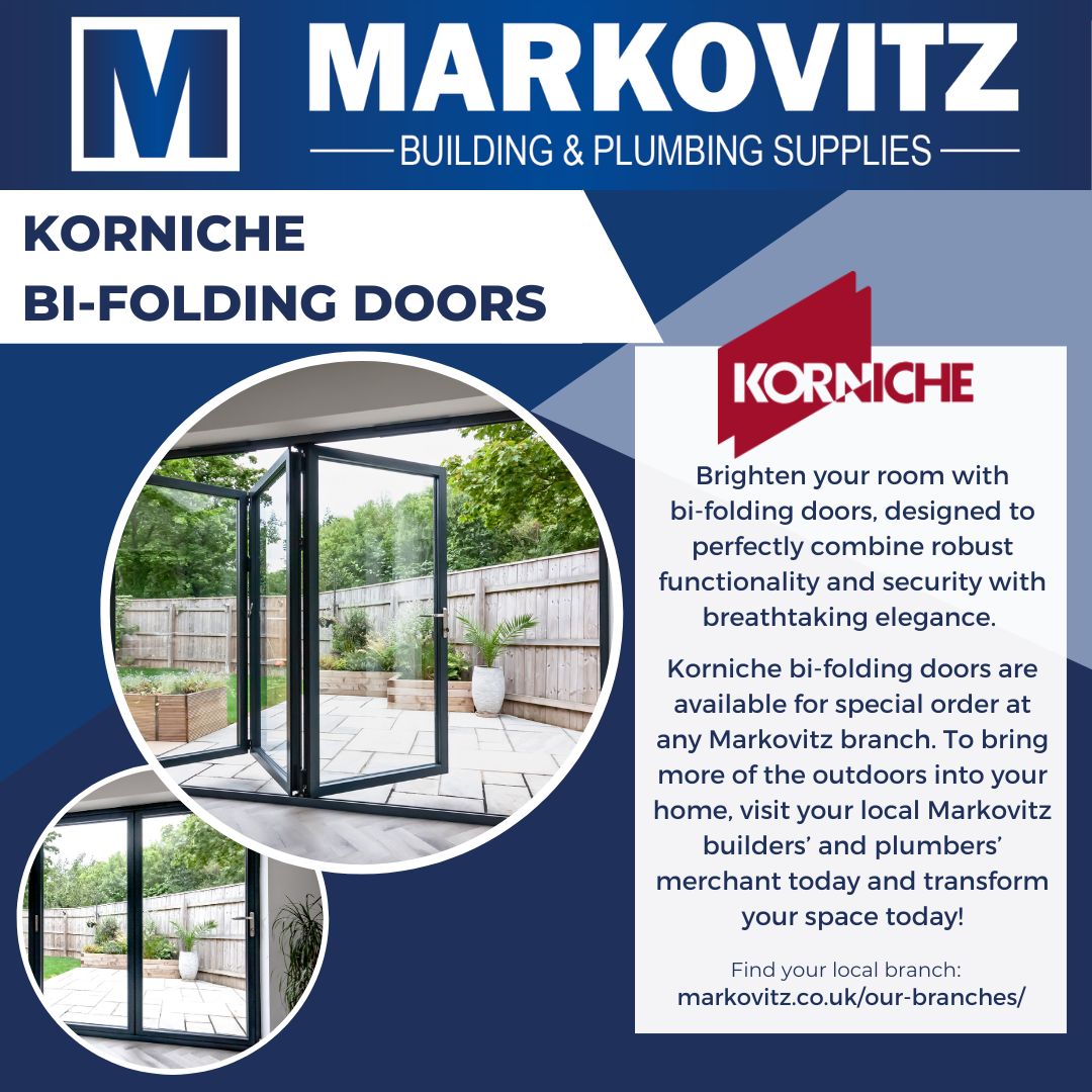 Brighten your room with bi-folding doors designed to perfectly combine robust functionality and security with breathtaking elegance. @Korniche bi-folding doors are available for special order at any Markovitz branch. Find your local branch at markovitz.co.uk/our-branches/