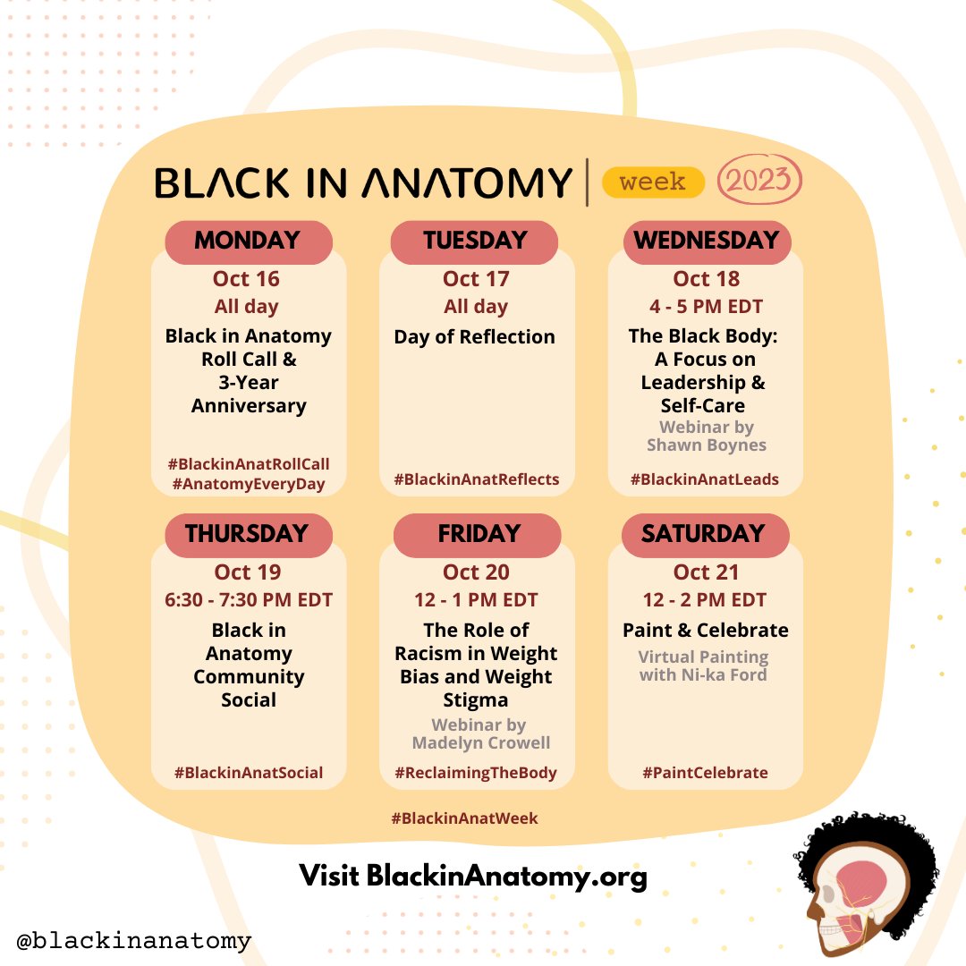 It’s finally here – #BlackinAnatWeek starts today! 

Join us on Oct 16-21 for events, reflection, and celebration for all who love #anatomy and support the #BlackinAnat mission! 

Registration links and full event descriptions here: blackinanatomy.org/black-in-anato…

#BlackinX