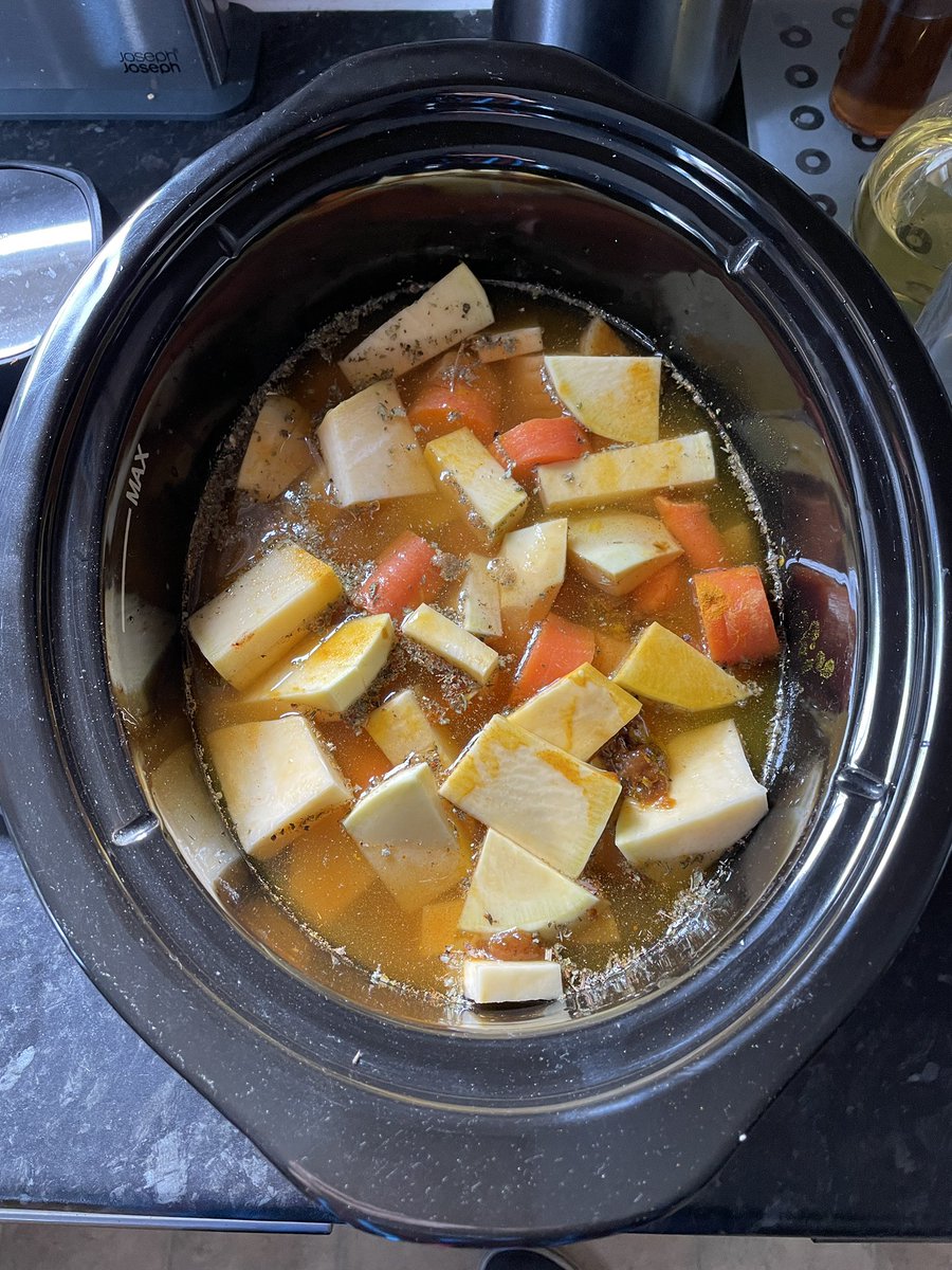As it’s so cold now, thought a spiced winter vegetable soup was in order. Into the slow cooker it goes. Might make bread later. The veg and stock cubes/spices probably cost about £1.50. Should make about 2 litres. #cookingonabudget