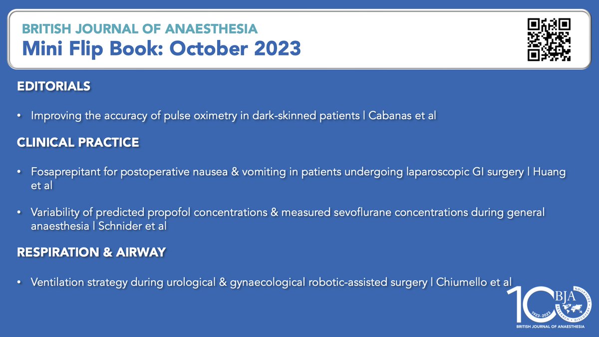 BJAJournals's tweet photo. FREE TO VIEW. Check out the October edition of the BJA #miniflipbook.
Free articles on: #pulseoximetry #fosaprepitant #nausea #vomiting #propofol #ventilation
https://t.co/4i74TCU8Hc https://t.co/Pb5CtpWewk