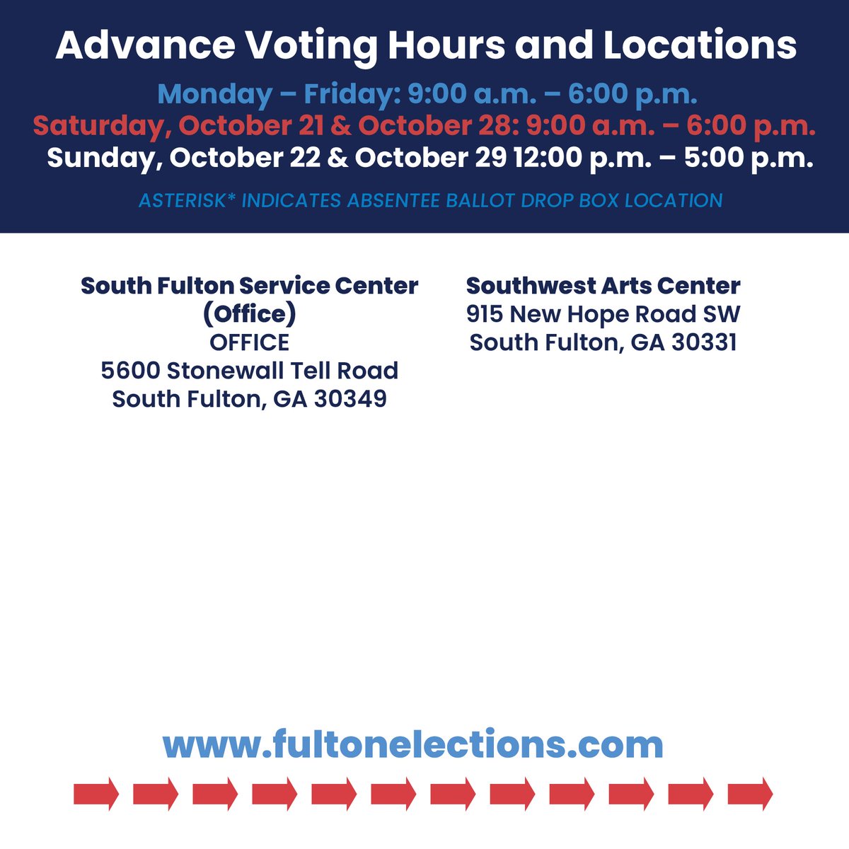 #EarlyVoting starts TODAY (October 16) through Friday, November 3. Beat the lines on Election Day, November 7, and cast your vote! Visit fultonelections.com for more information, including weekend voting hours and locations.

#UnionCityVotes #FultonVotes #VoteYourVoice