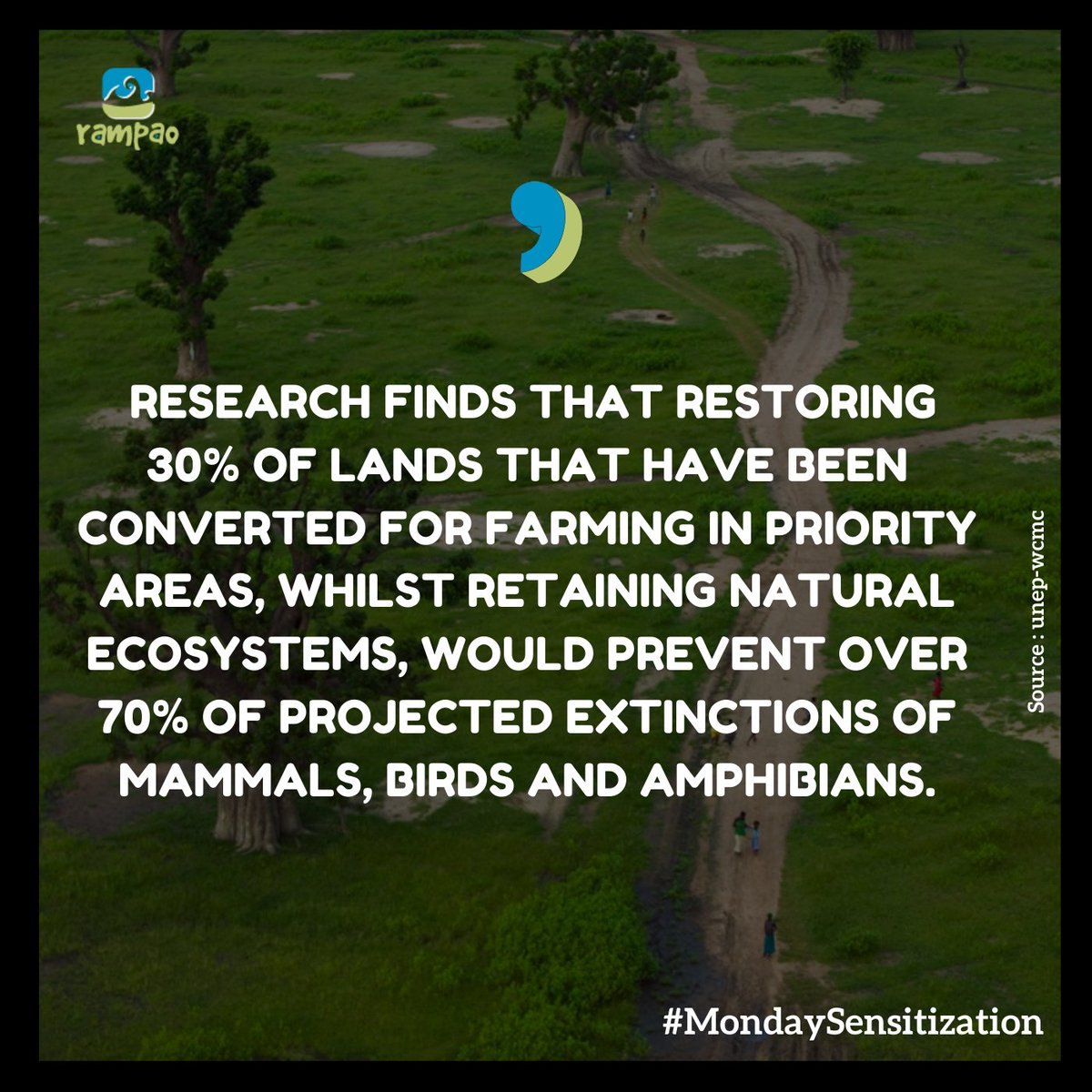 rampao_network's tweet photo. #MondaySensitization
Research finds that restoring 30% of lands that have been converted for farming in priority areas, whilst retaining natural #ecosystems, would prevent over 70% of projected extinctions of #mammals, birds and amphibians.
-----
#RAMPAO #Concervation #Biodiversité #RestaurationDesTerres #Extinction #Conservation #ChangementClimatique #ProtectionDeLaNature #Durabilité #Écologie #TerresAgricoles #EspècesMenacées