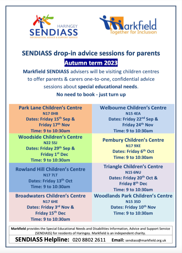 SENDIASS drop-in advice sessions for parents Markfield SENDIASS advisers will be visiting children centres to offer parents &amp; carers one-to-one, confidential advice sessions about special educational needs. No need to book - just turn up
#sendiass #sendiasservice #sendiasssupport