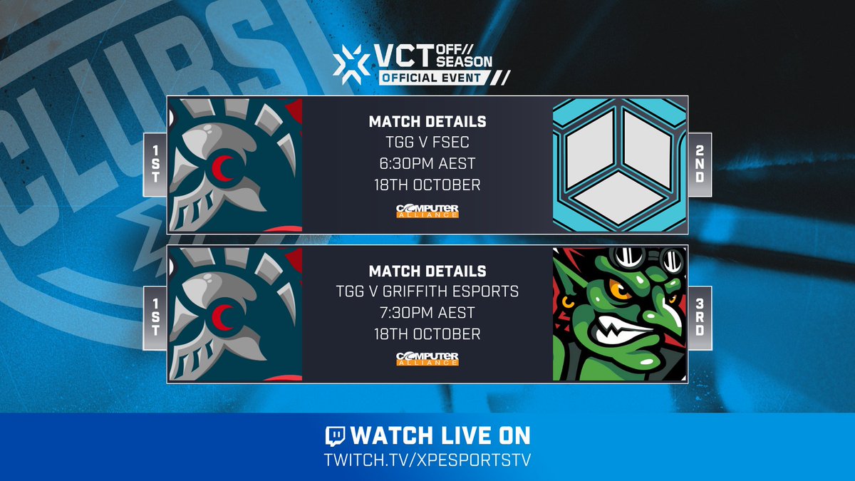 AUS Esports & Gaming (@ozesportsgaming) on Twitter photo It all kicks off this Wednesday from 6:30PM AEST ๐ฅ
๐บ Live on twitch.tv/xpesportstv
<a href="/TGamersGround/">The Gamers Ground - TGG</a> ๐ @FreeSpaceVR
<a href="/TGamersGround/">The Gamers Ground - TGG</a> ๐ <a href="/GriffithEsports/">Griffith Esports</a>
#XPClubs Valorant is an official VCTOff//Season event thanks to our partners <a href="/RiotGamesOCE/">Riot Games Oceania</a> ๐ช
#valorant #VCTOffSeason It all kicks off this Wednesday from 6:30PM AEST ๐ฅ
๐บ Live on twitch.tv/xpesportstv
<a href="/TGamersGround/">The Gamers Ground - TGG</a> ๐ @FreeSpaceVR
<a href="/TGamersGround/">The Gamers Ground - TGG</a> ๐ <a href="/GriffithEsports/">Griffith Esports</a>
#XPClubs Valorant is an official VCTOff//Season event thanks to our partners <a href="/RiotGamesOCE/">Riot Games Oceania</a> ๐ช
#valorant #VCTOffSeason