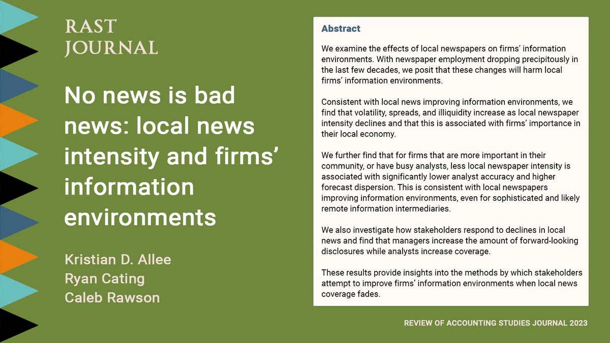 RastJournal's tweet photo. No news is bad news: local news intensity and firms’ information environments, new study by Kristian D. Allee @kdallee, Ryan Cating (@ucabusiness) &amp; Caleb Rawson (@uawaltoncollege) 

Just published👉https://t.co/mJs3VrU5Kl

#StockVolatility #InformationAsymmetry #Illiquidity https://t.co/6FWNWzGxPx