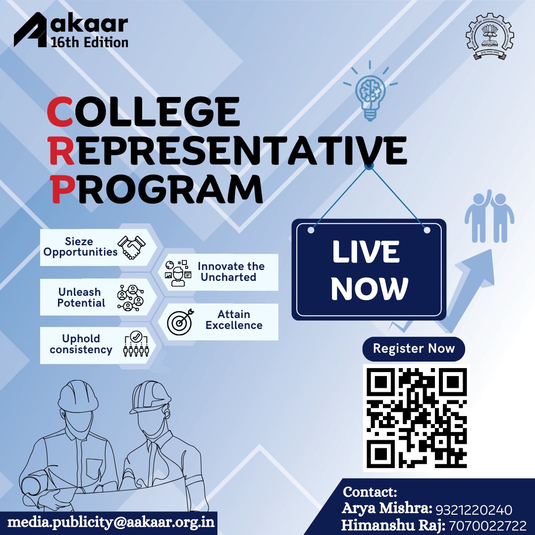 aakaariitb's tweet photo. The long-anticipated moment is here! Aakaar is thrilled to introduce its College Representative Program, extending an invitation to college students all over India to be representatives of Aakaar within their own colleges.

Register now using the link at : https://t.co/Sf9pC9Qftb https://t.co/d3oHiFpKL0