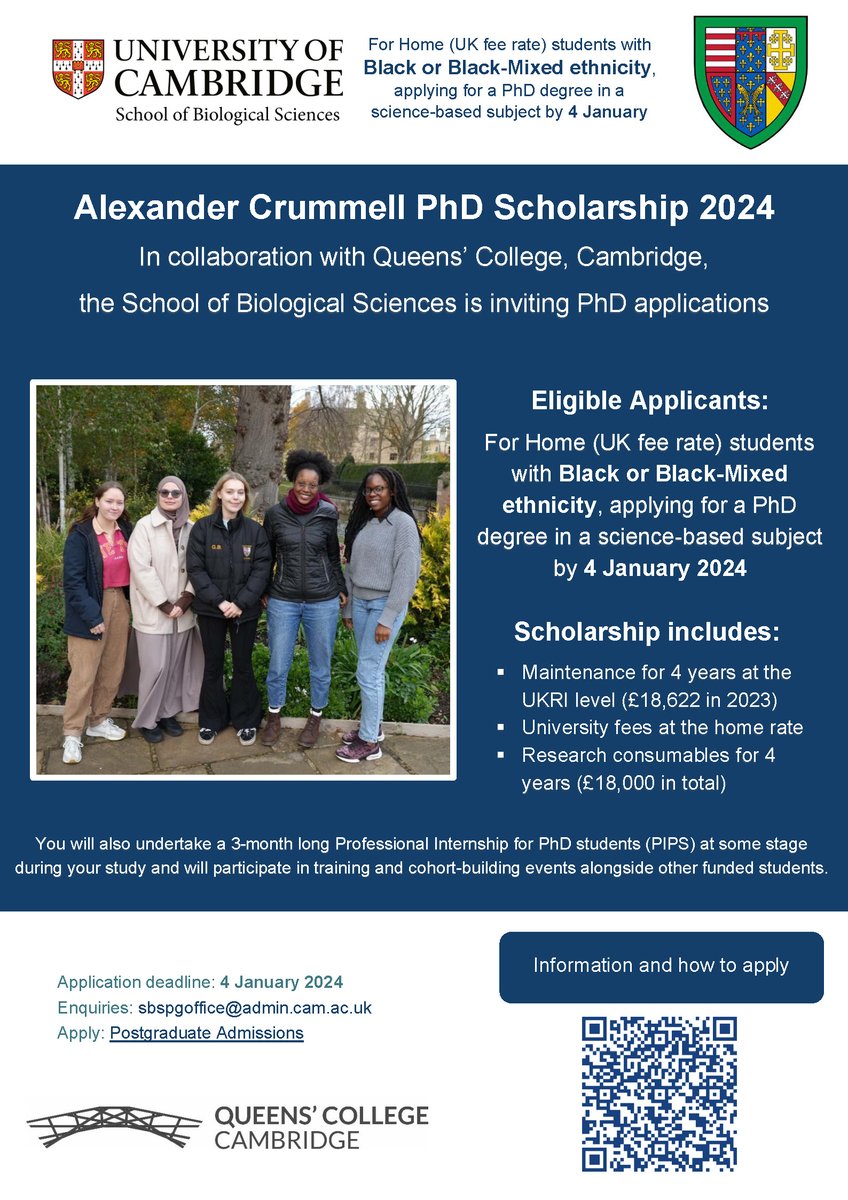 Applications are now open for the Alexander Crummell Scholarships! With @QueensCam, these fully-funded scholarships are aimed at students with Black or Black-Mixed Ethnicity applying for an MPhil or PhD degree. MPhil: bit.ly/3P75Ttf PhD: bit.ly/3iAY4jr