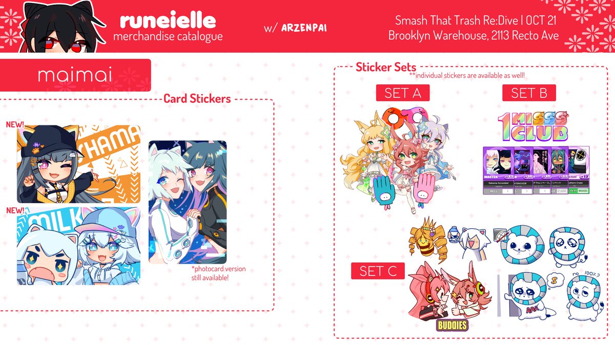 runeielle's tweet photo. hi! ill be in Smash That Trash:Re Dive with @arzenpai  this coming weekend!
here's my catalogue for the event >w<! see ya there!

(there's a few new ones but like,, yknow,, some cosmania items are there too i just got lazy to organize them in an image) https://t.co/lTIvPtohUp