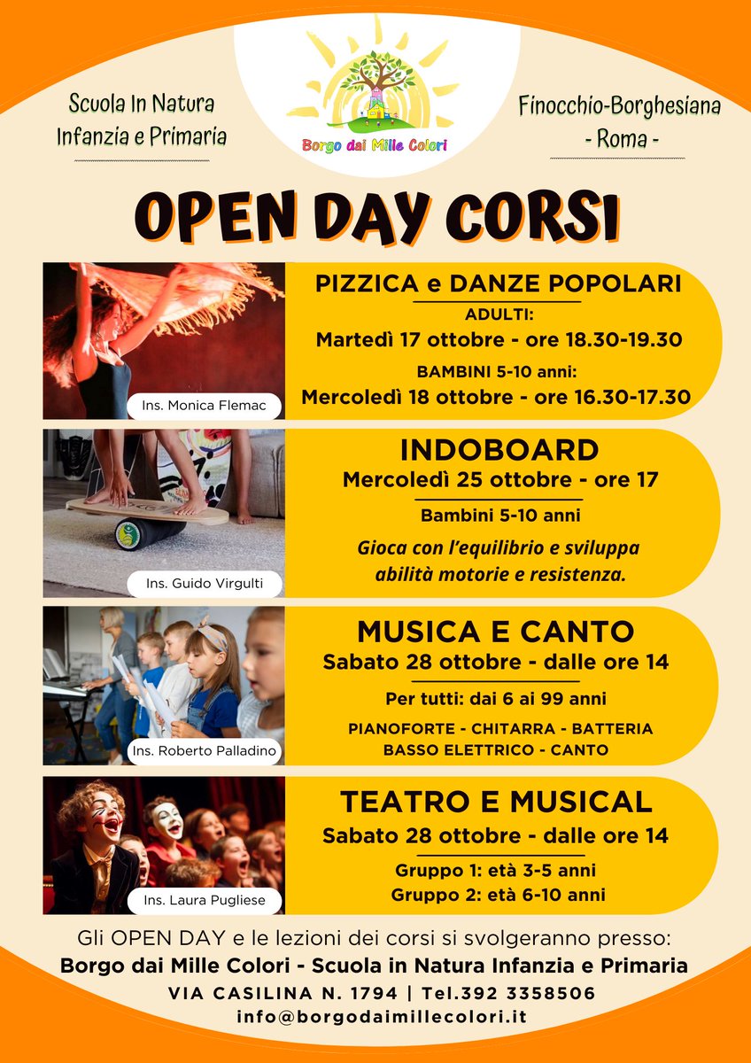 Scorribande Popolari (@scorribande) on Twitter photo Grandi Novità, a partire da domani c/o Borgo dai Mille Colori , in zona Finoccho, con ben due corsi di Pizzica e Danze Popolari con Monica Flemac.
Il martedì 18,30-19,30 ed il Mercoledì 16,30-17,30 per poi bimbi 5/10 anni.
Per info
3923358506
info@borgodaimillecolori.it Grandi Novità, a partire da domani c/o Borgo dai Mille Colori , in zona Finoccho, con ben due corsi di Pizzica e Danze Popolari con Monica Flemac.
Il martedì 18,30-19,30 ed il Mercoledì 16,30-17,30 per poi bimbi 5/10 anni.
Per info
3923358506
info@borgodaimillecolori.it