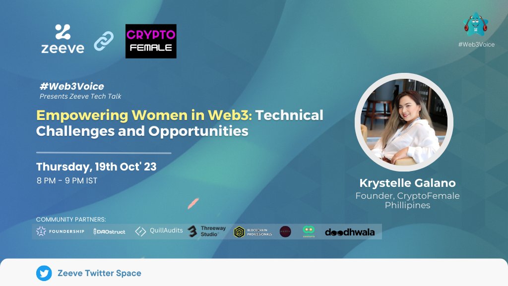 0xZeeve's tweet photo. @KrystelleGalano (Founder of @cryptofemale_ Philipines) will discuss "Empowering Women in Web3: Technical Challenges and Opportunities” with Karthik MS of Zeeve. 💪🏾👩🏾💻
⌚ Starting at 8 PM IST on the 19th of #October, Krystelle will shed light on;
✅ Technical hardships women face in Web3 and how to overcome them.
✅ Intersectionality.
✅ Creating Inclusive Tech Environments.
And other thought-provoking points from her expert perspective. 🎙️
Click the below link to join us on the 19th of October for this enthralling LIVE session. 👇🏾
🔗 Reminder link: https://t.co/qgt4JnkMDD
⌚ When: 19th Oct ‘23 at 8 PM IST and 10:30 PM Philippine Standard Time
💡 Topic: 💪🏾 Empowering Women in Web3: Technical Challenges and Opportunities 👩🏾💻
🫱🏽🫲🏽 Community Partners:
@DAOstructXYZ @StudioThreeway
@partnr3 @coreumconcepts @BlockchainProfs @QuillAudits @FoundershipHQ @DoodhwalaDaily
#Womenintech #Technology #Opportunities #Challenges #Zeeve #Philipines #Filipino #WomenEntrepreneur #NFTs #NFTArts #NFTcollections #NFTGiveaway