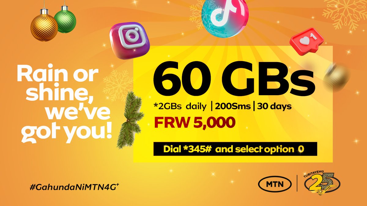 Whether rain or sunshine, we've got you covered with exciting offers to take you through the day and night. 
Dial *345*, select 0 to find our #Tubitayeho packages. 😉

#GahundNiMTN4G #MTNAt25 💛
