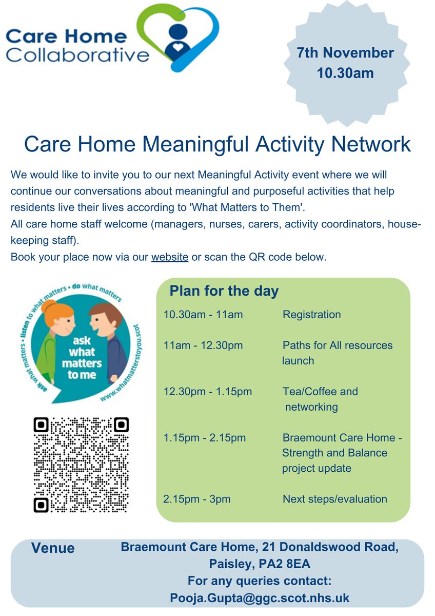 NHSGGC - Care Home Collaborative (@nhsggcchc) on Twitter photo 2 weeks to go to the Meaningful Activity Network Event on 7th November. @PathsforAll sessions are fabulous with great resources. Excited to showcase some of the brilliant work from two #carehomes <a href="/RenHSCP/">Renfrewshire Health and Social Care Partnership</a> @AdviniaHCLd <a href="/pacific_care_uk/">Pacific Care</a> <a href="/guptapooja15/">Pooja Gupta</a>
nhsggc.scot/your-health/ca… 2 weeks to go to the Meaningful Activity Network Event on 7th November. @PathsforAll sessions are fabulous with great resources. Excited to showcase some of the brilliant work from two #carehomes <a href="/RenHSCP/">Renfrewshire Health and Social Care Partnership</a> @AdviniaHCLd <a href="/pacific_care_uk/">Pacific Care</a> <a href="/guptapooja15/">Pooja Gupta</a>
nhsggc.scot/your-health/ca…