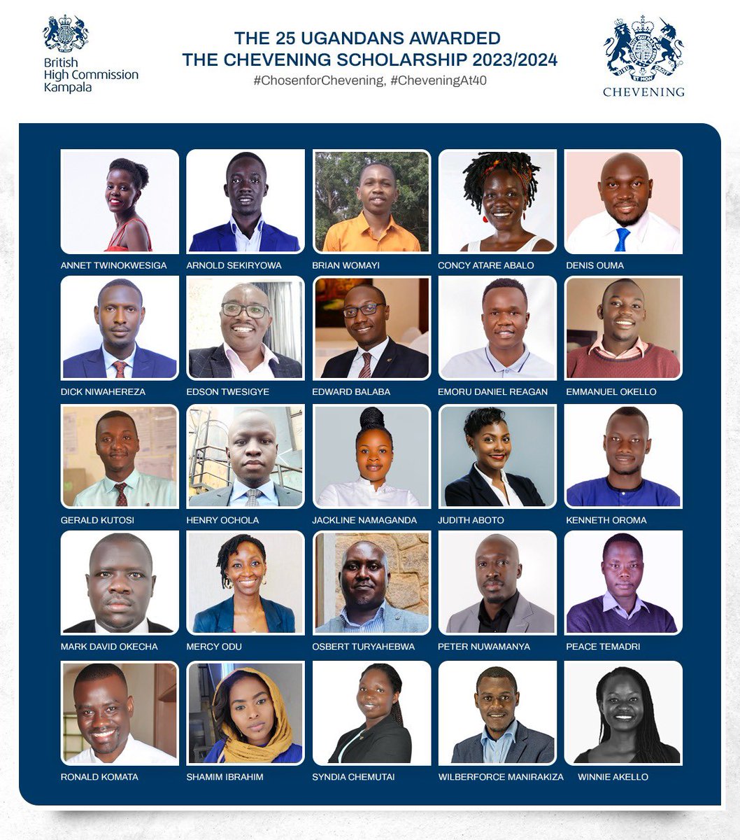 UKinUganda's tweet photo. Here are the 🇺🇬 @CheveningFCDO 2023/2024 scholars.

They are all pursuing their Masters degrees in the 🇬🇧, fully funded by the #UK Government.

We are excited about the leaders they will be in the future.

This could be you, apply for Chevening on https://t.co/OHYKnjS9Xp https://t.co/RDgCi7Shzs