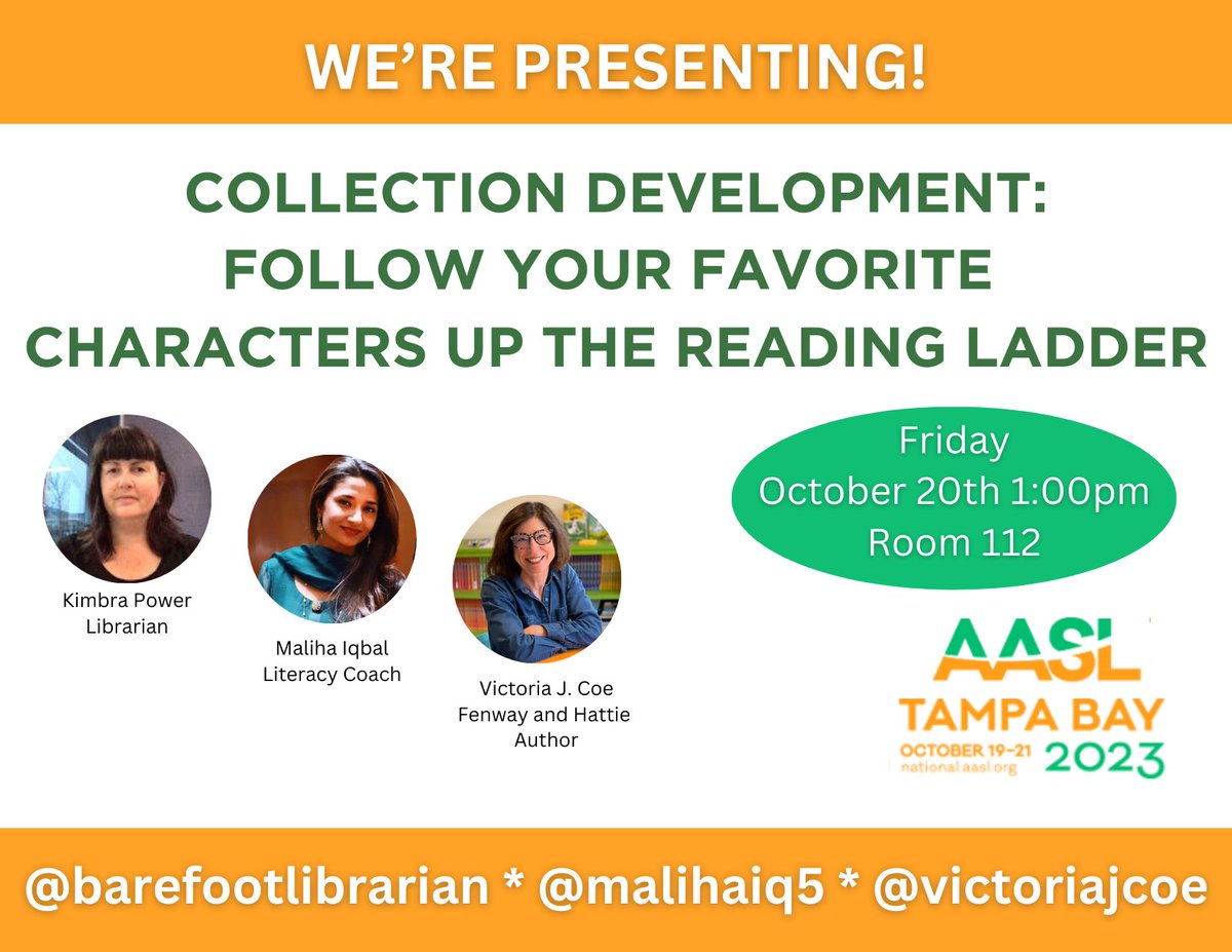 Victoria J Coe (@victoriajcoe) on Twitter photo Headed to #AASL23 later this week? I’m joining school librarian <a href="/kimbrap/">Barefoot Librarian</a> & literacy coach <a href="/malihaiq5/">Maliha Iqbal</a> to talk about the ways favorite characters help kids up the reading ladder this Friday!
(Psst: 1 lucky participant will win an 8-title set of FENWAY hardcovers!) Headed to #AASL23 later this week? I’m joining school librarian <a href="/kimbrap/">Barefoot Librarian</a> & literacy coach <a href="/malihaiq5/">Maliha Iqbal</a> to talk about the ways favorite characters help kids up the reading ladder this Friday!
(Psst: 1 lucky participant will win an 8-title set of FENWAY hardcovers!)