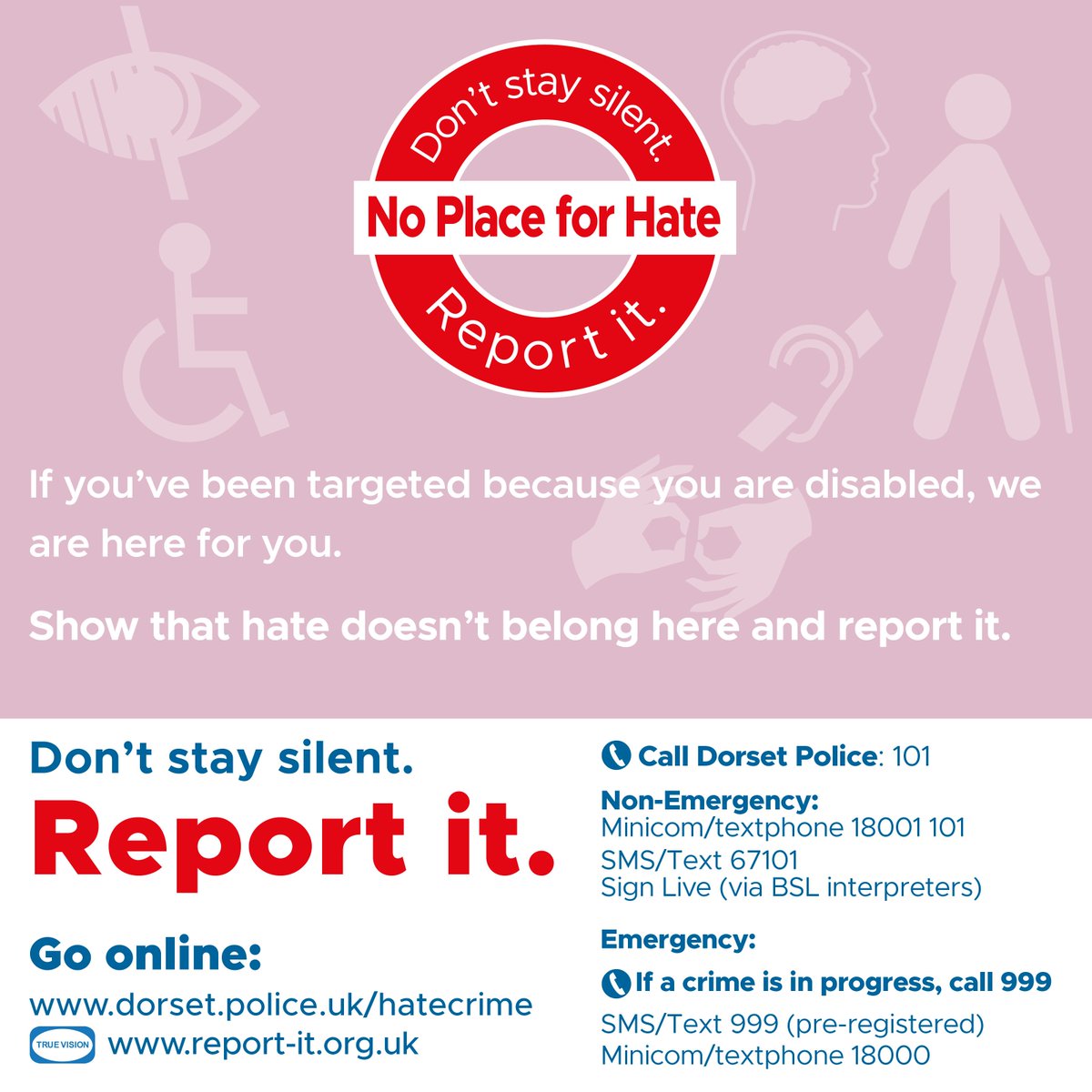 As part of National Hate Crime Awareness Week, we stand together with our communities to remind everyone that there is no place for hate in Dorset.

If you have been the victim of abuse or targeted because of your disability, we want you to know that we are there for you. Please